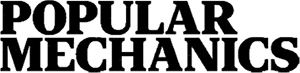 Black text spelling Popular Mechanics in a bold, uppercase, serif font, with overlapping and slightly distorted letters on a transparent background.
