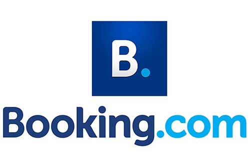 The image shows the Booking.com logo with a blue square containing a white letter B. above the words Booking.com in bold, blue and light blue text on a white background.
