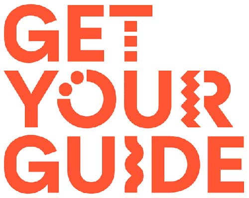 Bold, orange text spelling GET YOUR GUIDE in all caps, with playful geometric shapes and patterns incorporated into the letters on a white background.