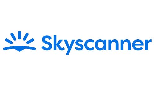 Skyscanner logo featuring a blue stylized sun rising above a curved horizon, with the word Skyscanner in blue text to the right.